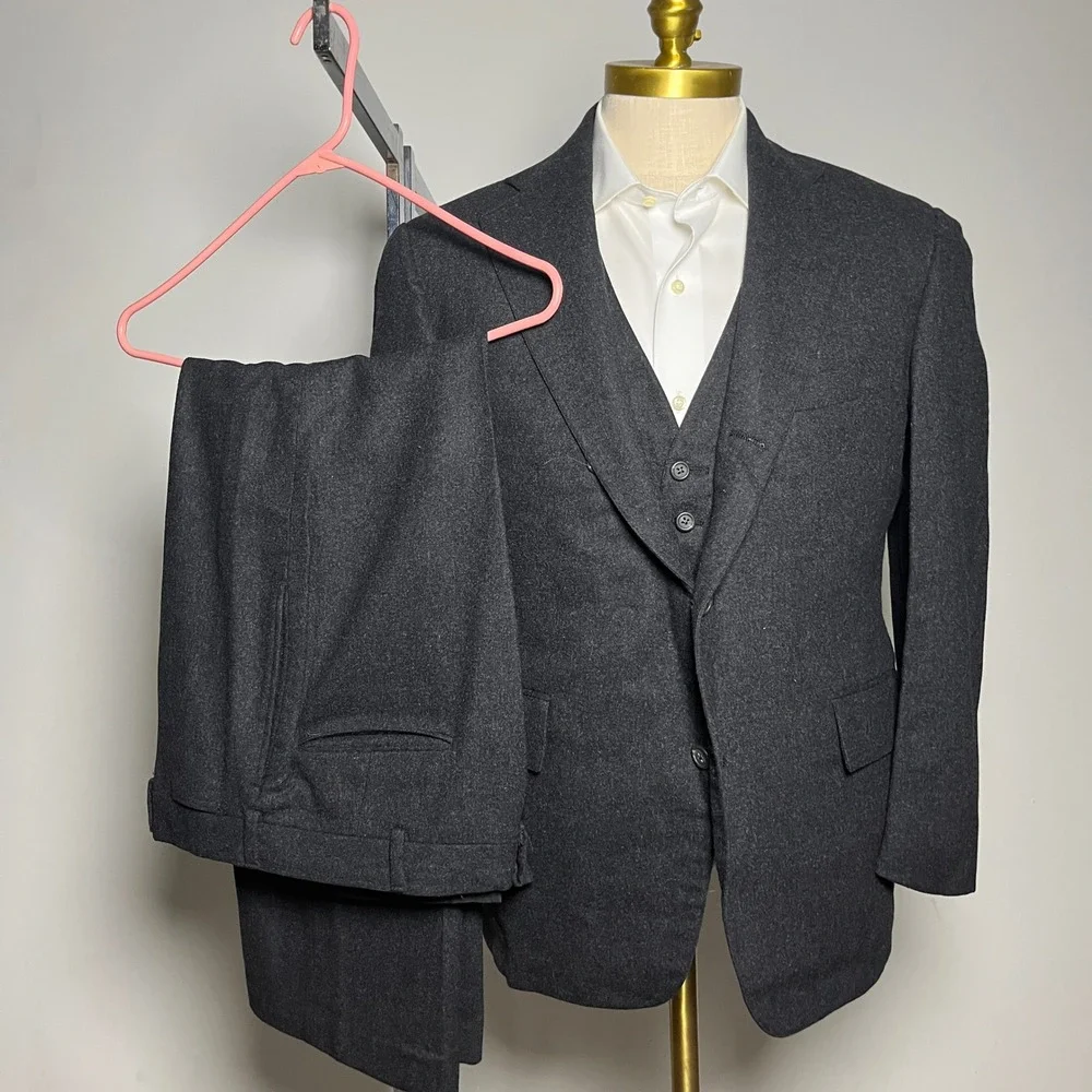 1980s Polo Ralph Lauren 3-Piece Suit‎ Mens 40S 33W Gray Solid Wool Vintage